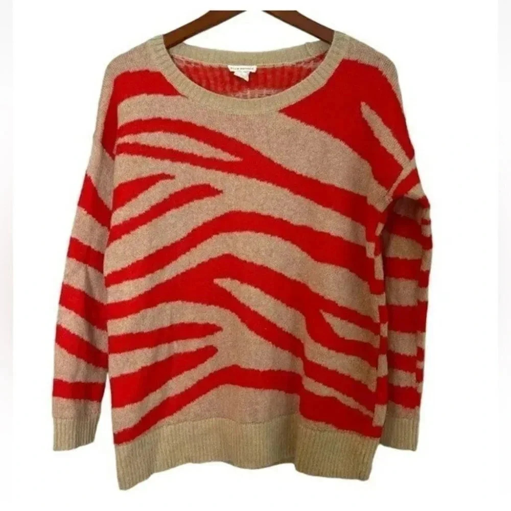 Club Monaco Women Mohair Zebra Stripe  Tan Red Pullover Crew Neck Sweater Sz:XS - Picture 2 of 12